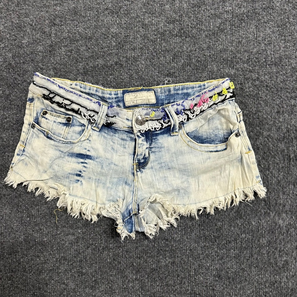 Vintage Havana Denim Shorts Womens Size 26 Light Wash Beaded Boho Frayed Cutoff